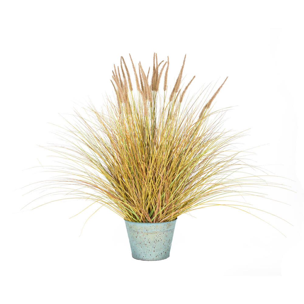 45 inch Brown Dogtail Grass Bush in Verdigris Finish Metal Planter