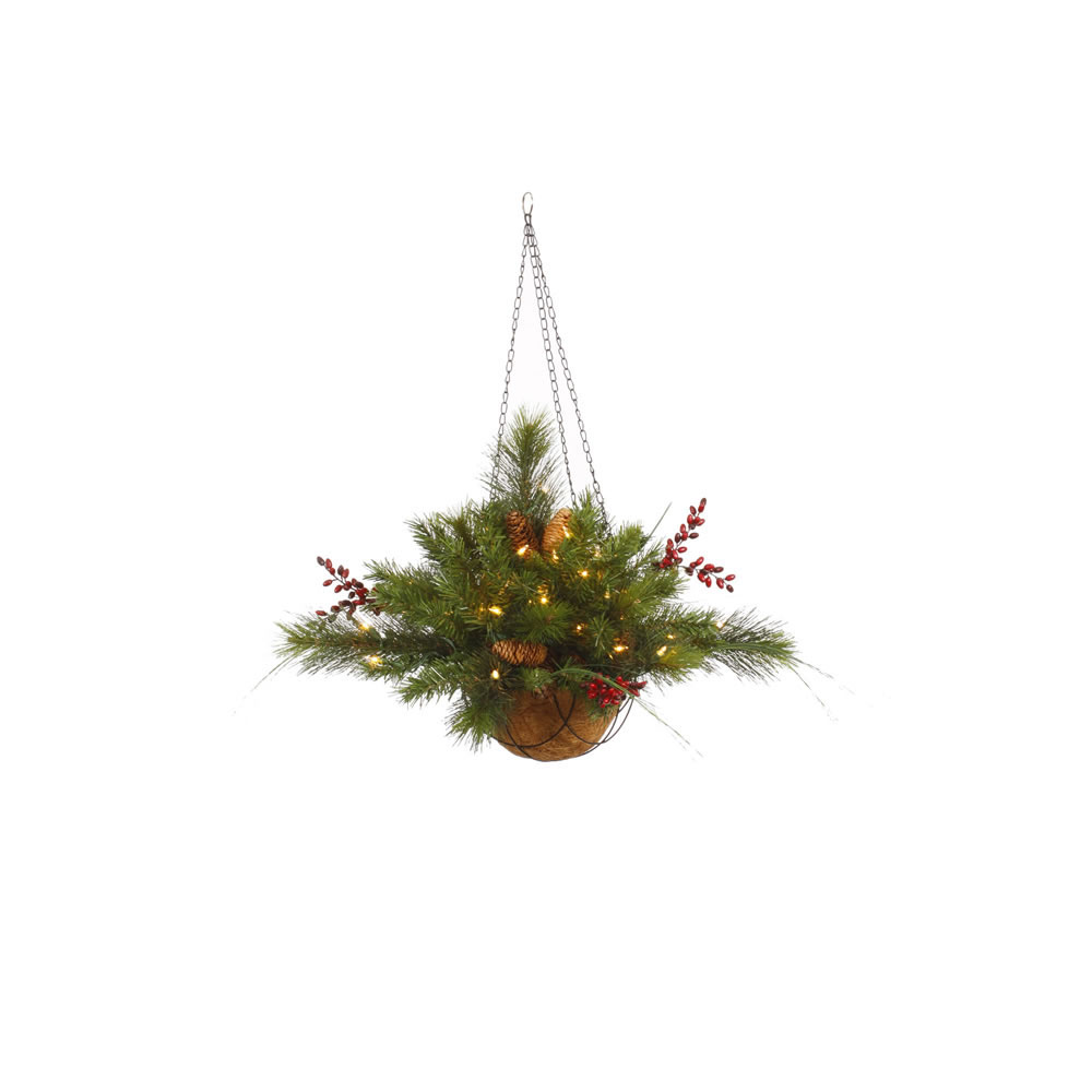 12 Inch Mixed Pine Hanging Basket With Lights, Berries & Cones