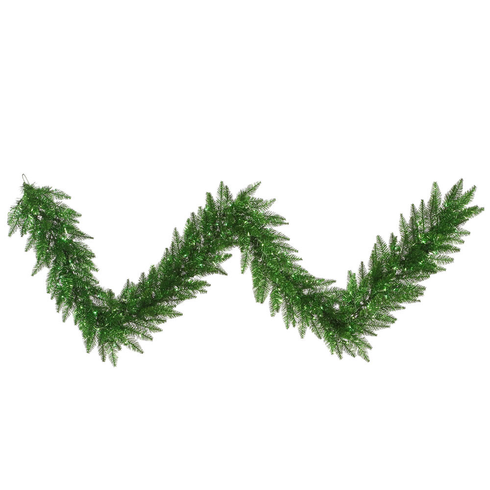 9 foot Green Tinsel Garland with Green Lights | K125815