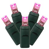 36 foot Wide Angle LED Lights with 4 inch Spacing on Green Wire: Pink