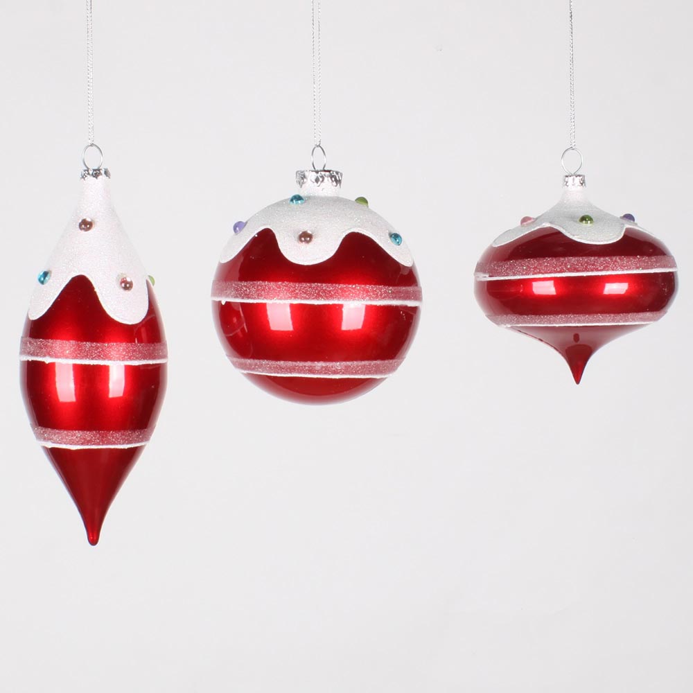 4/4/7 inch Red Jewel, Ball, Finial Christmas Candy Ornament (Set of 3