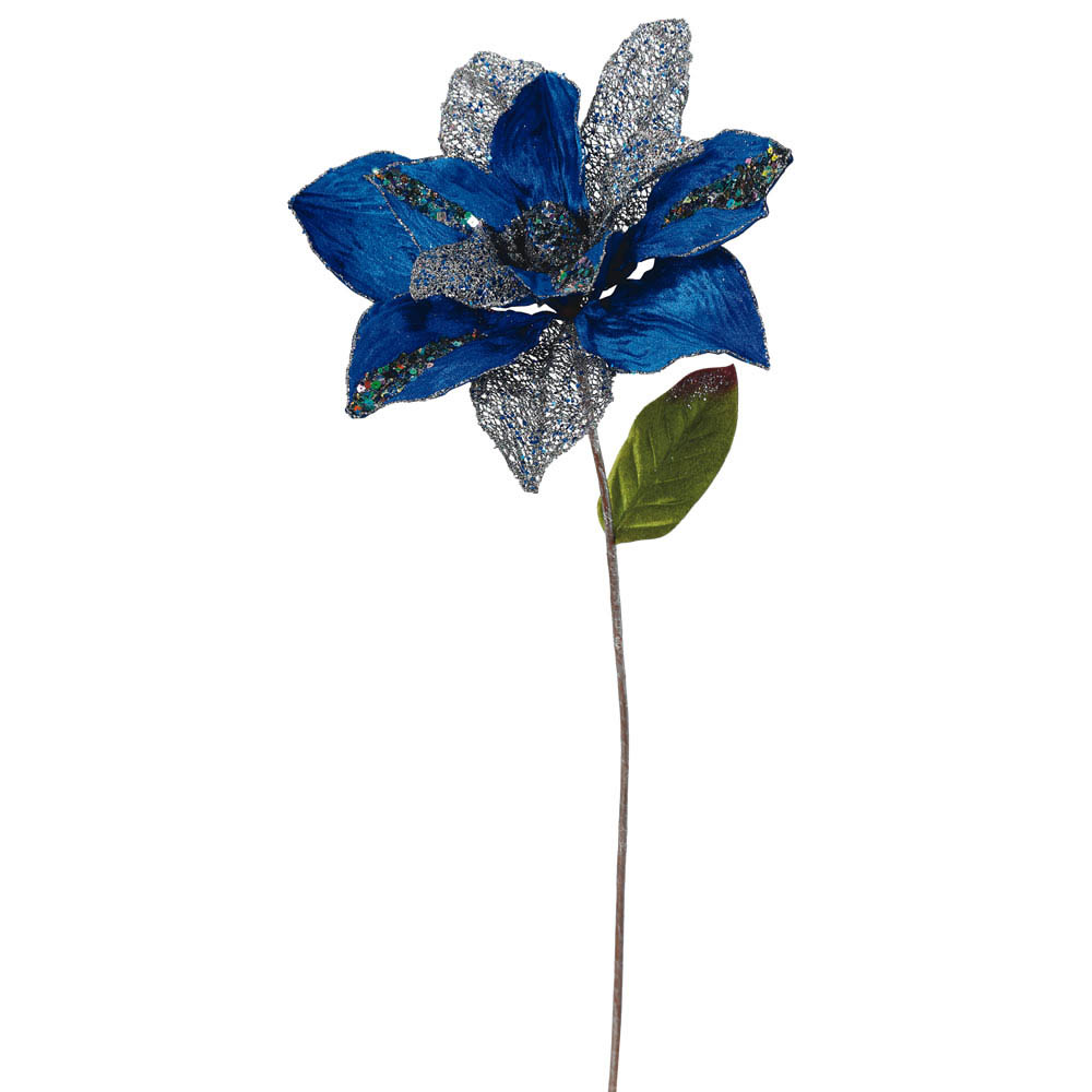 31 inch Blue Glitter Magnolia Flower Pick with 13 inch Flower O146202