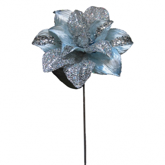 31 inch Silver Glitter Magnolia Flower Pick with 13 inch Flower