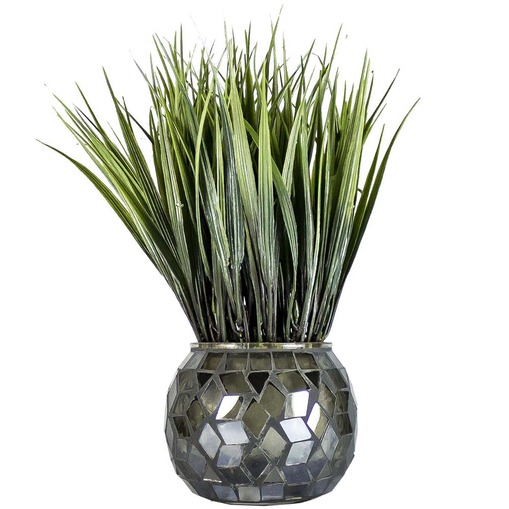 11.75 inch Grass in Navy & Silver Mosaic Container (Set of 2)