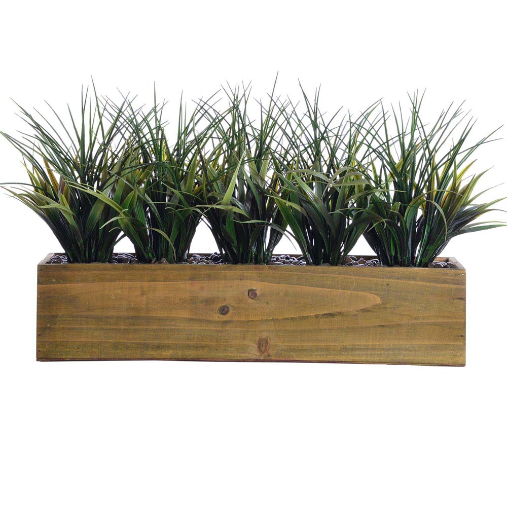 12 Inch Plastic Grass In Wooden Planter