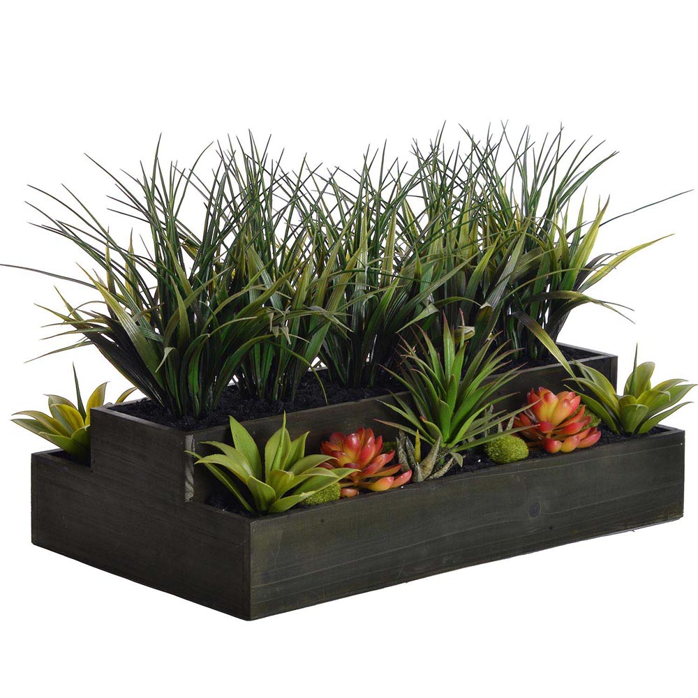 14 Inch Plastic Grass & Succulents In Wooden Planter