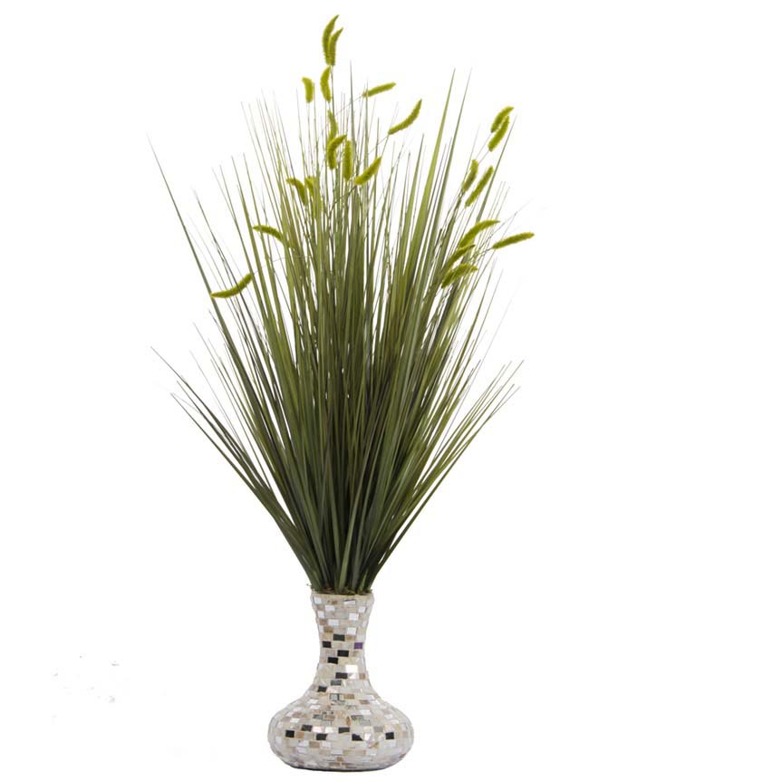 32 inch Onion Grass with Cattails in Mother of Pearl Mosaic Vase