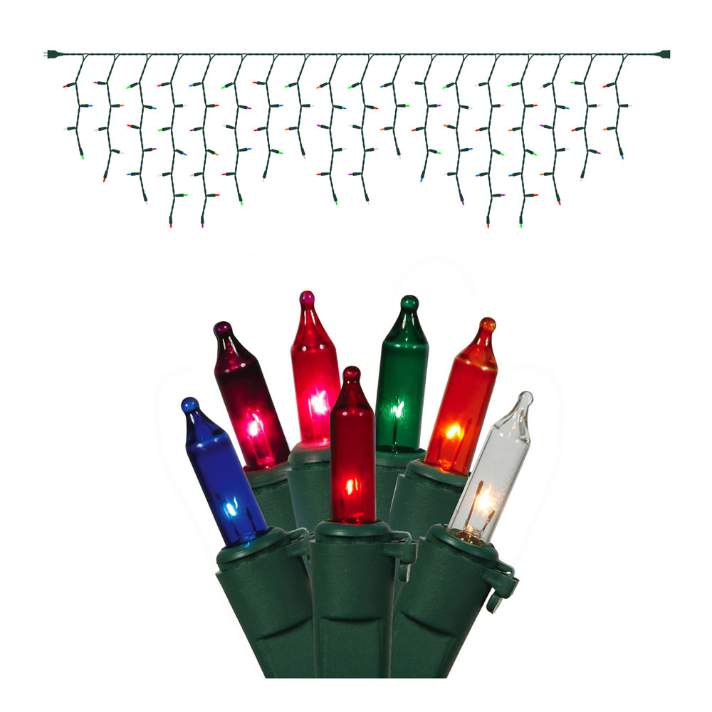 9 foot 100 Mini Light Christmas Icicle Set w/ Green Wire: Multiple Colors